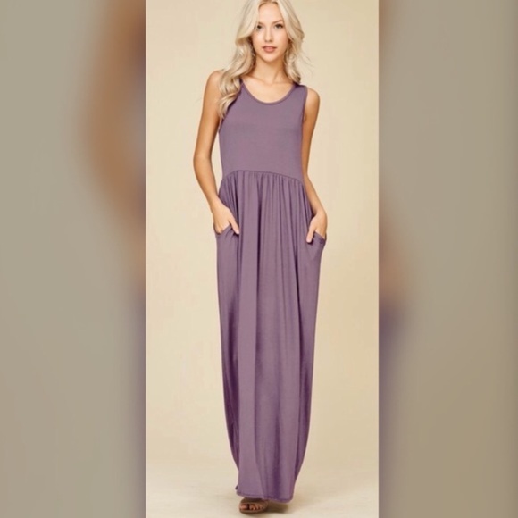 Racer Back Pleated Loose Solid Long Dress - Picture 1 of 3